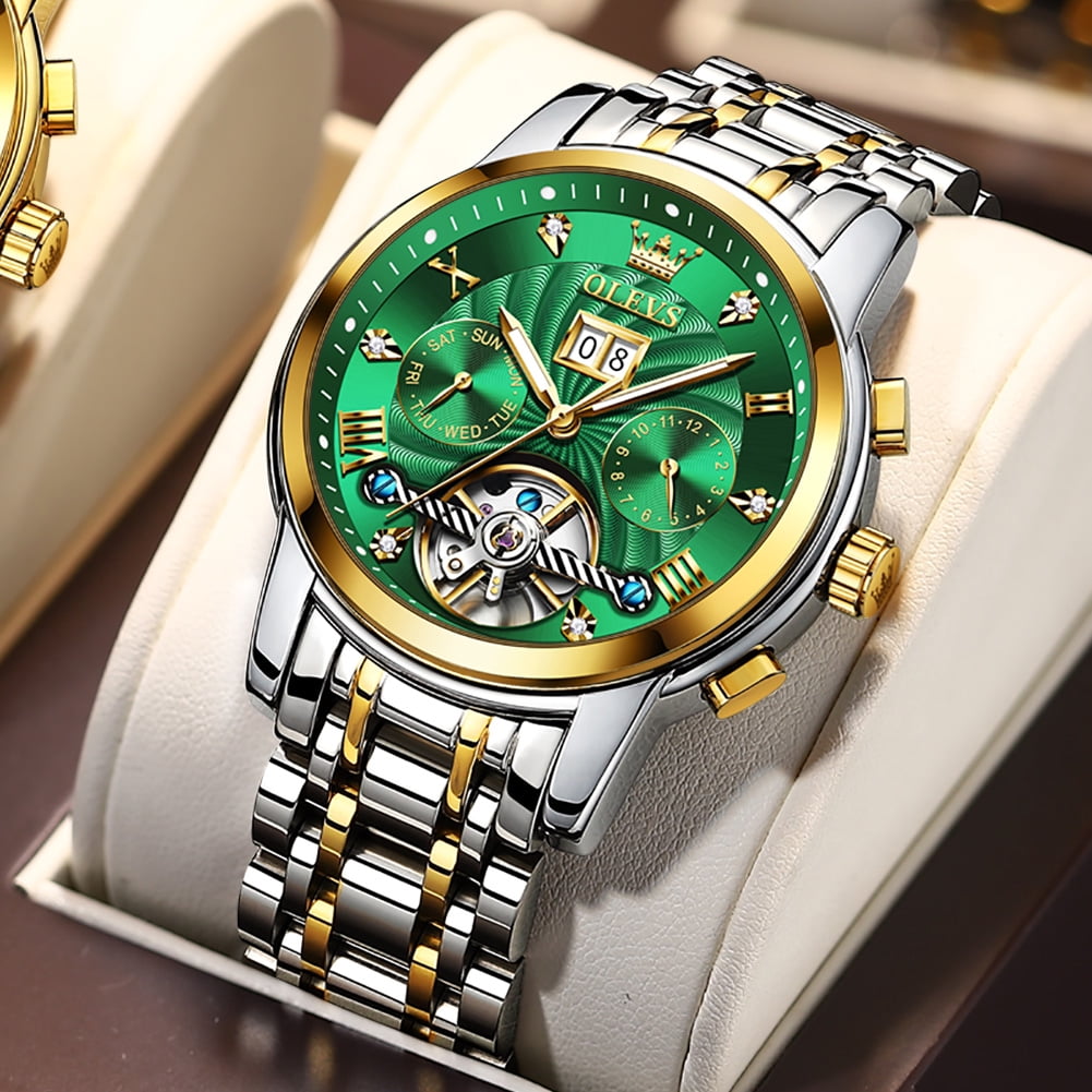 OLEVS Watch for Men Automatic Skeleton Tourbillon Mechanical Self Winding Business Luxury Dual Calendar Stainless Steel Luminous Waterproof Man Wrist Watches Green Dial