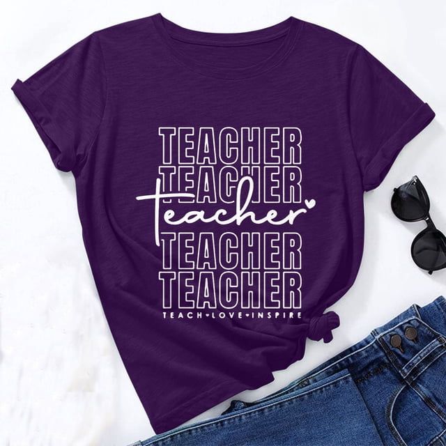 SMihono Hauts pour Femmes Été Chic Décontracté Mode Féminine Ample Col Rond Chandail Basique Journée des Enseignants Mignon Imprimé Manches Courtes Haut T-Shirt Oversize T-Shirt pour Femmes 2023