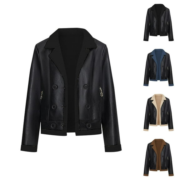 Bomber Jacket for Women 2025 Winter Long Sleeve PU Leather Button Notched Lapel Casual Jackets Outerwear