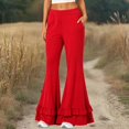 thumbnail image 2 of Women's High Waist Double Tier Ruffle Hem Flare Pants, Soft Bell Bottom Trousers with Pockets, Stretchy Casual Wide Leg Lounge Pants for Daily Wear Red S, 2 of 4