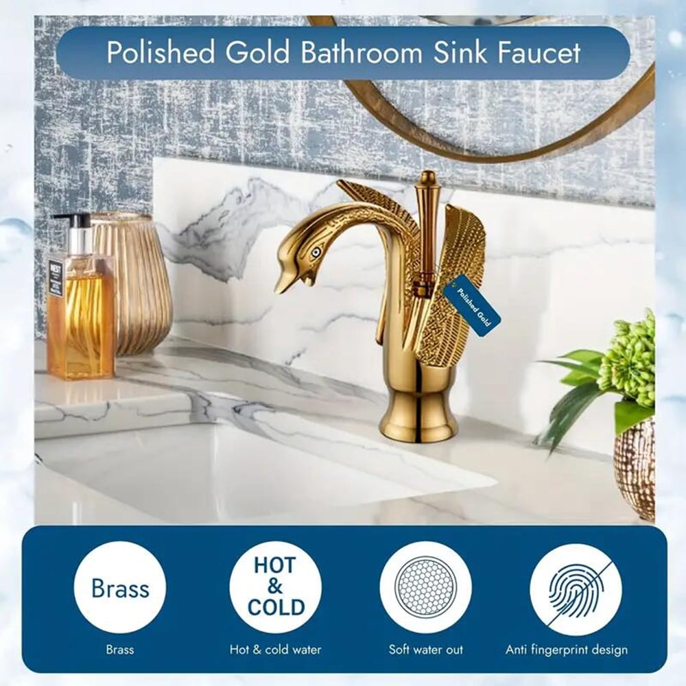 Swan Waterfall Bathroom Sink Faucet Single Hole One Handle Vanity Mixer Tap Gold