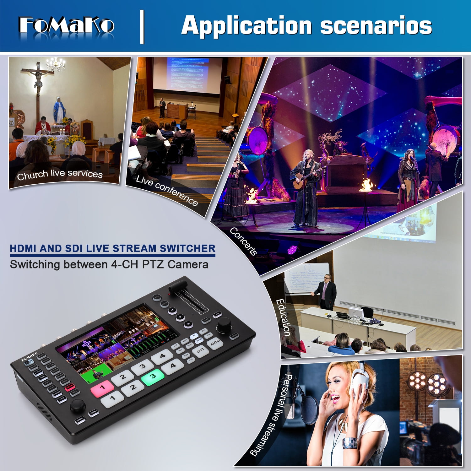 FoMaKo 4K SDI HDMI Video Mixer Switcher, 5.5 Inch FHD LCD Screen, 5-channel HDMI live Streaming Switcher, 4K 60FPS Input, 1080p 60FPS Output,Support PTZ Controller, SDI+HDMI Video Switcher,M4