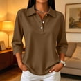 thumbnail image 5 of 3/4 Sleeve Solid Polo Shirts for Women Button Collar Lightweight Dressy Golf Blouses Brown 3XL, 5 of 9