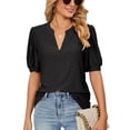 thumbnail image 1 of Camiseta de manga corta con cuello en V para mujer, blusa informal de Color puro, color negro, XXL, 1 of 5