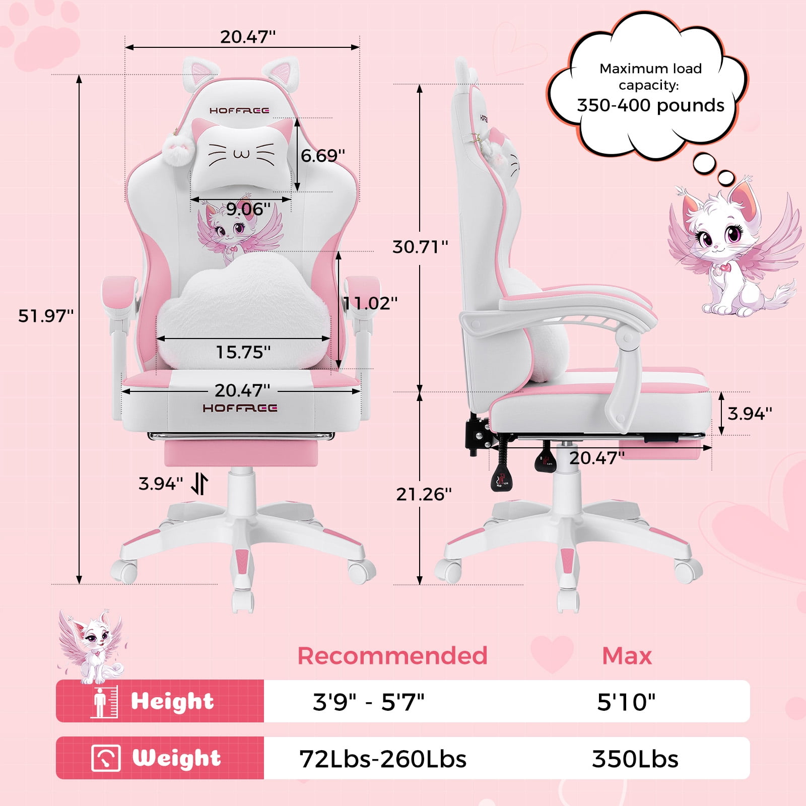 HOFFREE Gaming Chair for Girls with Cat Ears and Cloud Massage Lumbar Cute Computer Chair with Footrest Comfortable Reclining Game Chairs for Adults Teens Women Pink and White
