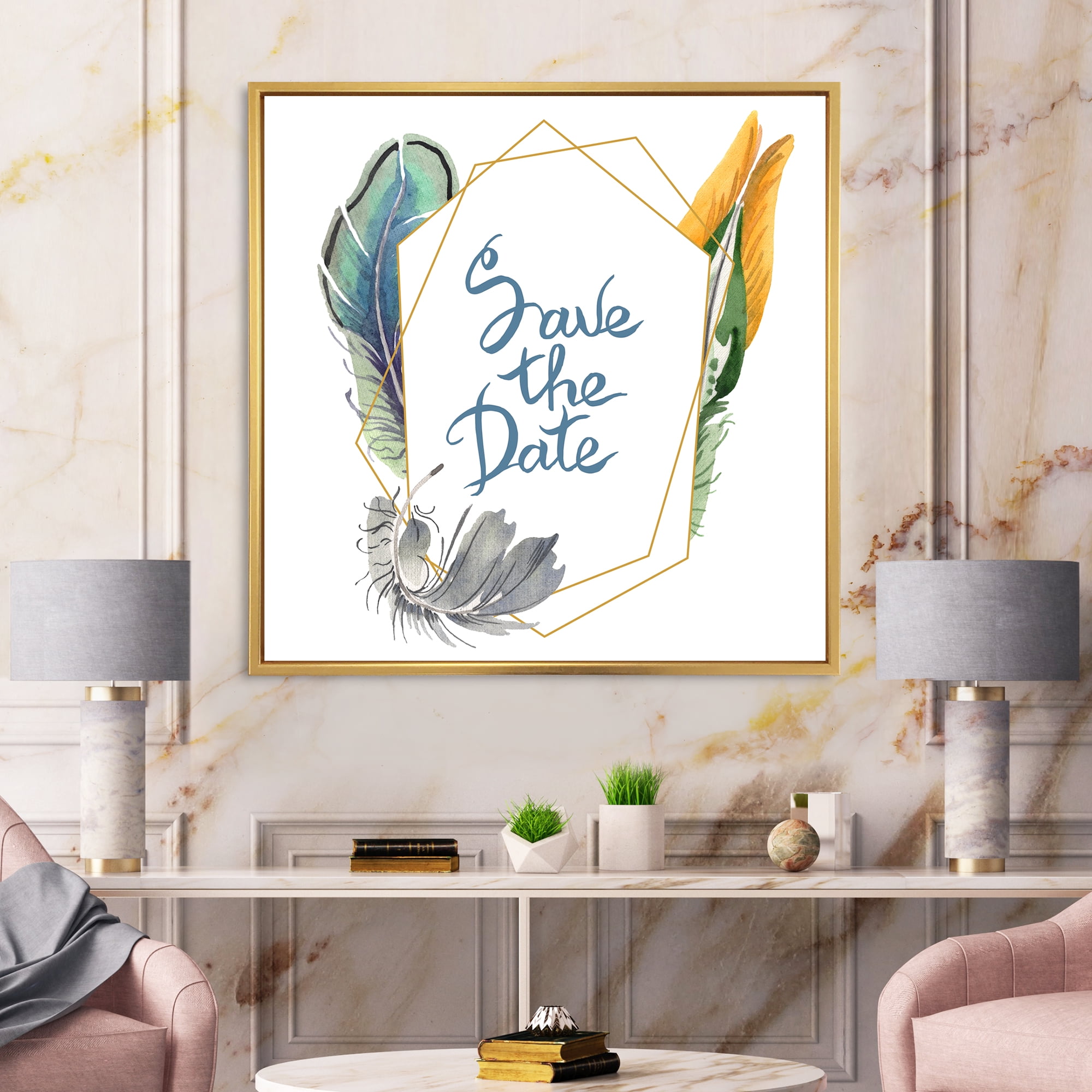 Designart 'Save The Date Bird Blue Feather' Bohemian & Eclectic Framed Canvas Wall Art Print