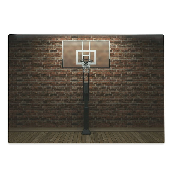 Basketball Cutting Board, Old Brick Wall and Basketball Hoop Rim Indoor Training Exercising Stadium Picture, Decorative Tempered Glass Cutting and Serving Board, Large Size, Brown, by Ambesonne