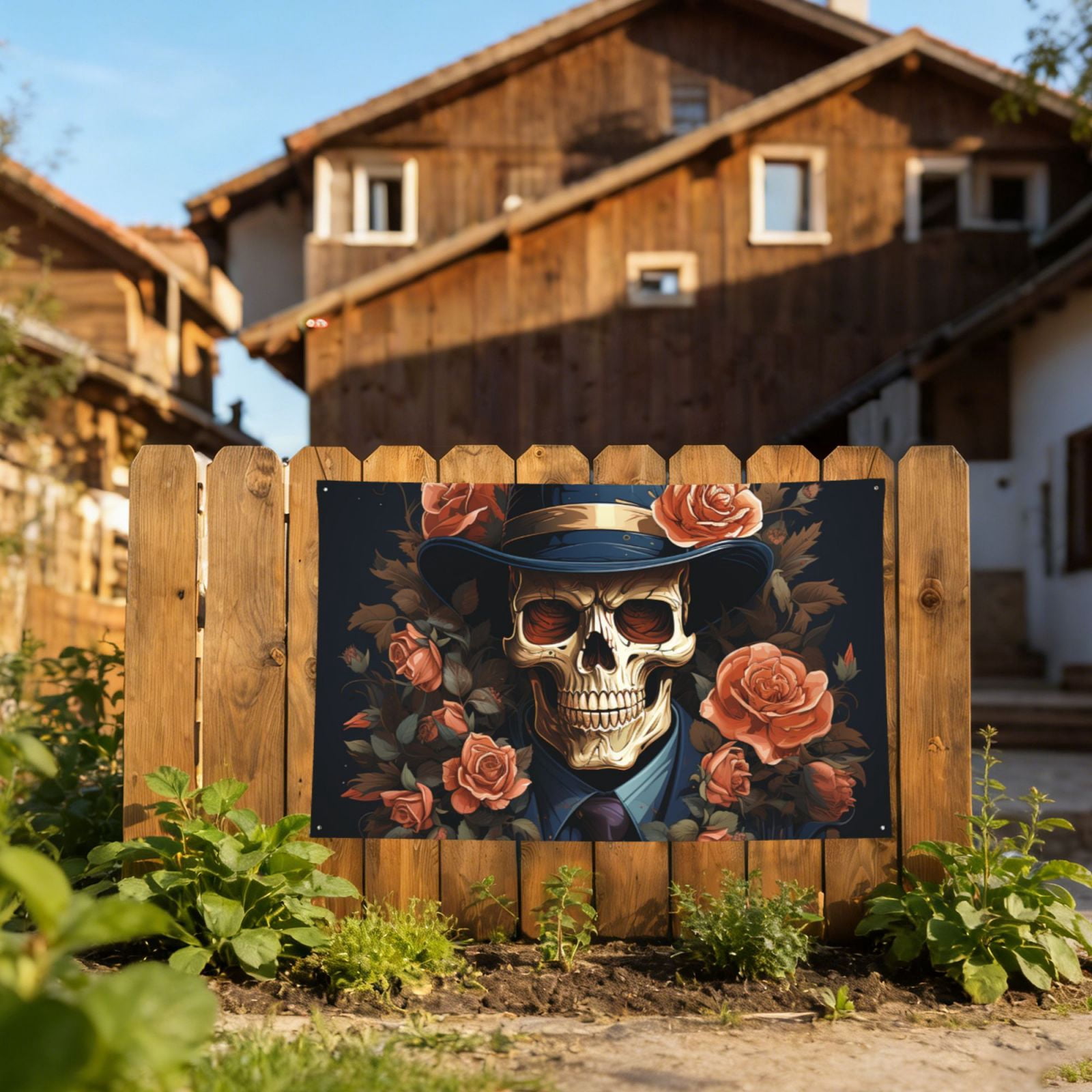 Gangster Death Skull Gothic Art Four Hole Decorated Banner Flag for Garden Yard Home Decoration Indoor Outdoor 4x6 Ft