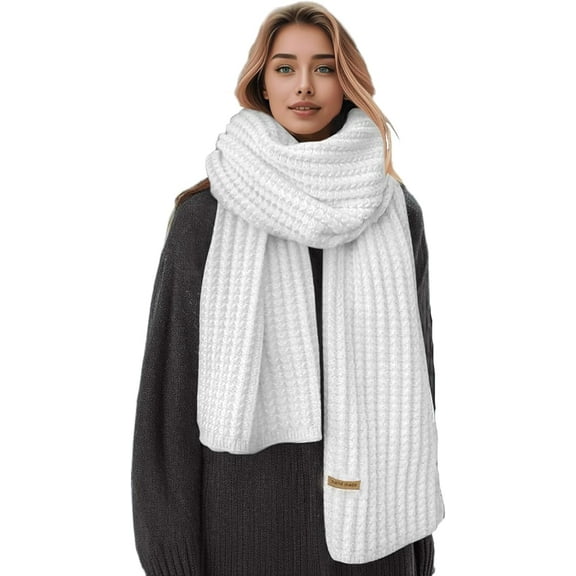 Winter Chunky Knit Scarfs Women's Thick Warm Knit Scarves Soft Long Chunky Knitted Scarf for Outddor Men & Women White