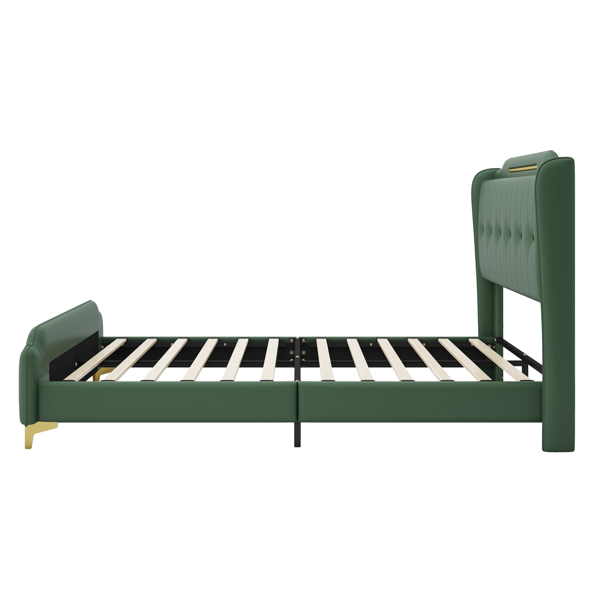 PORKISS Queen Size Bed Frame with PU Leather Upholstered Headboard, No Box Spring Needed, Green