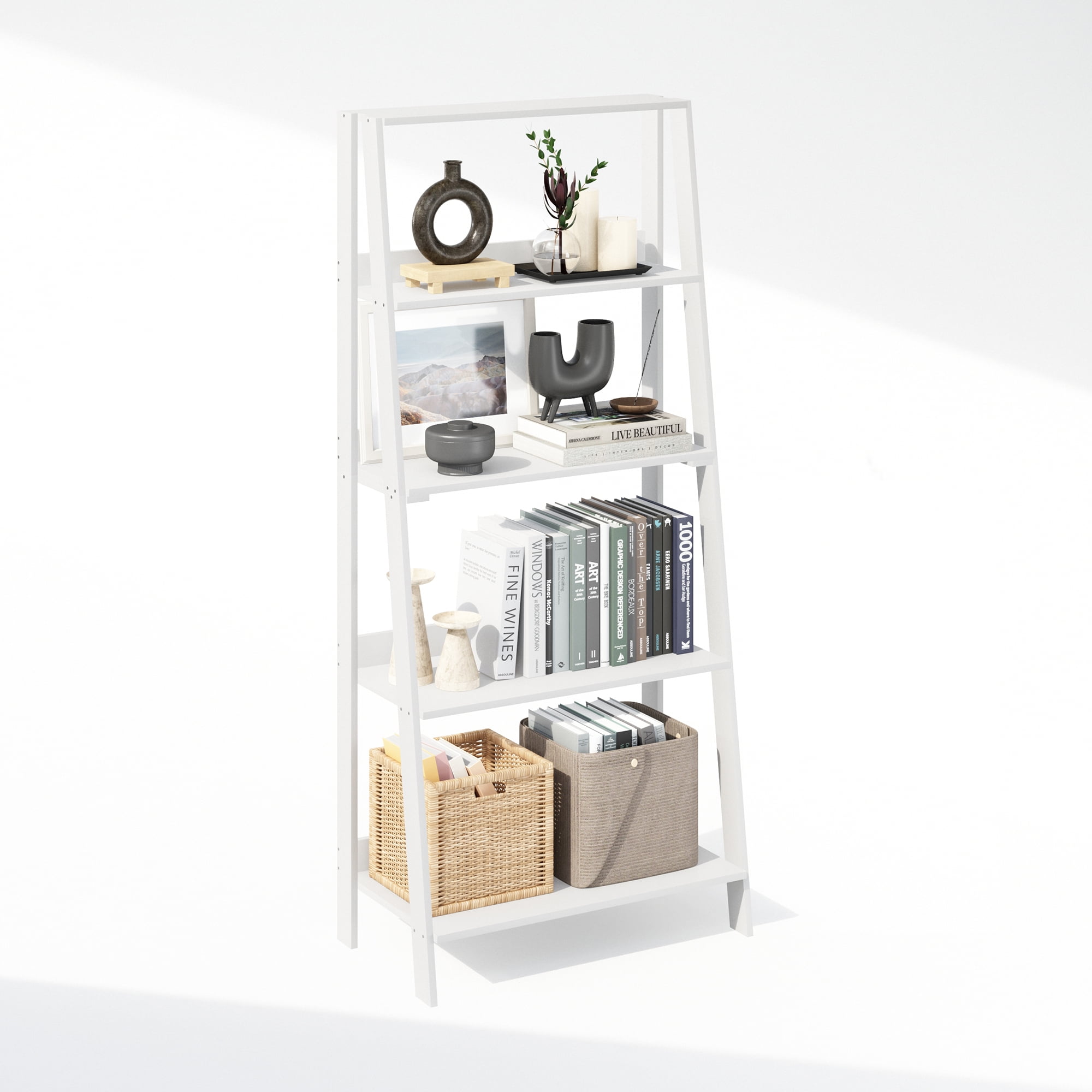 Furinno Ladder Bookcase, Bookshelf, Display Shelf, 5-Tier, White