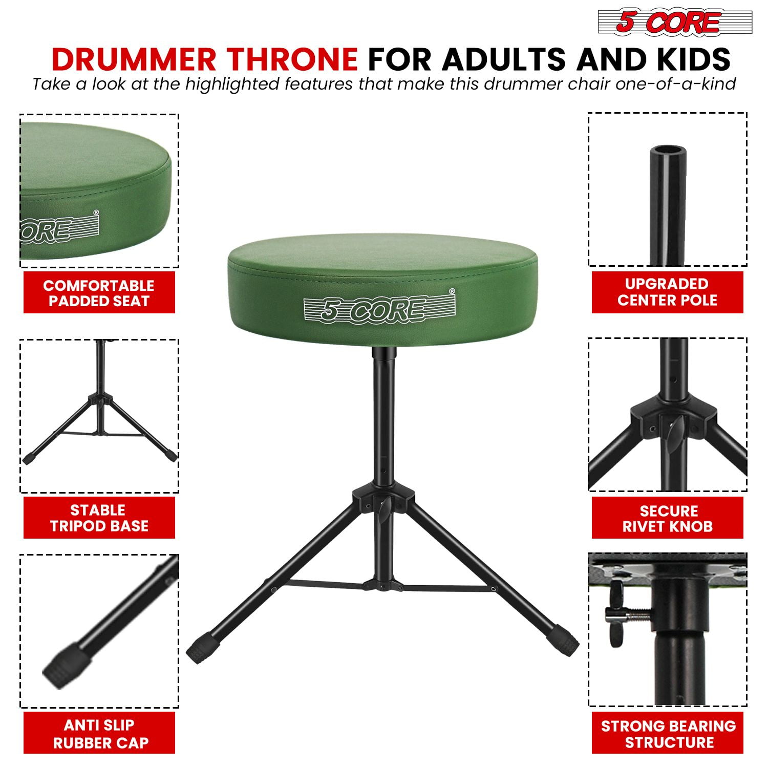 Adjustable Drum Throne Stool with 3" Thick Padding – Heavy-Duty 330 lb Capacity Guitar Seat for Adults & Kids, Anti-Slip Tripod Base