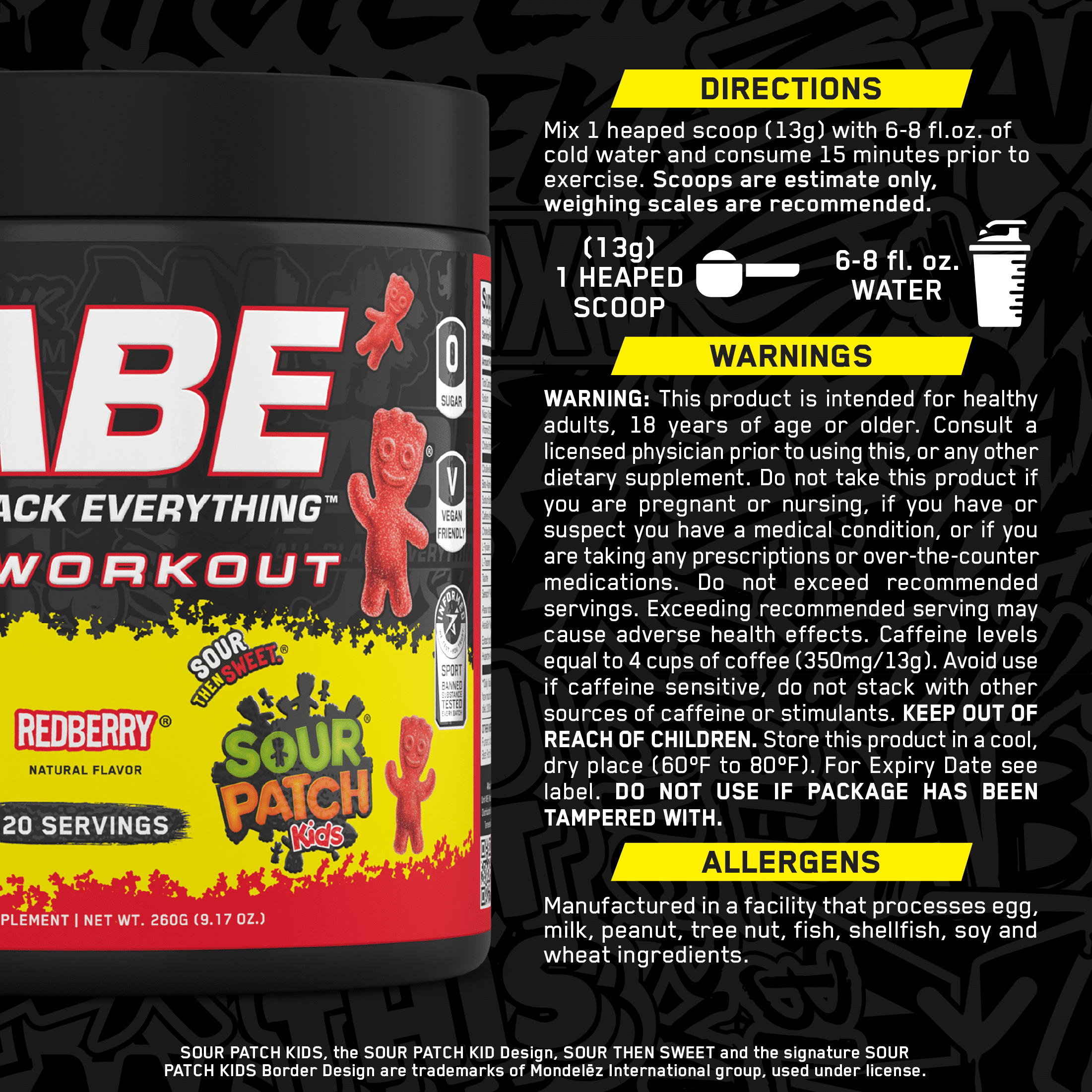 ABE Caffeine Pre Workout Powder, Sour Patch Kids Redberry Flavor, 20 Servings