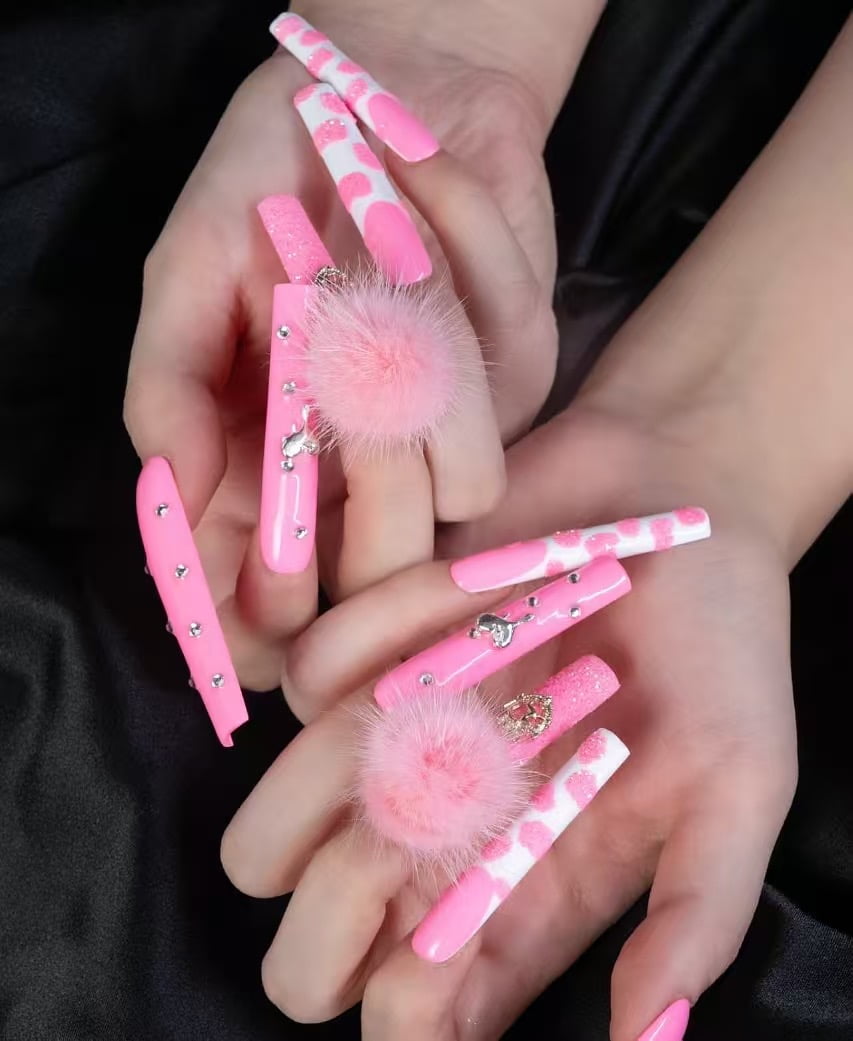 10Pcs Pink Luxury 3D Acrylic Press-On Nails Handmade Reusable False Nails
