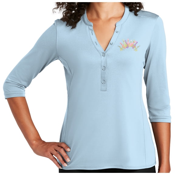 Women's Pastel Bowling Arch 5-button 3/4 Sleeve Henley Shirt, Medium Cloud Blue