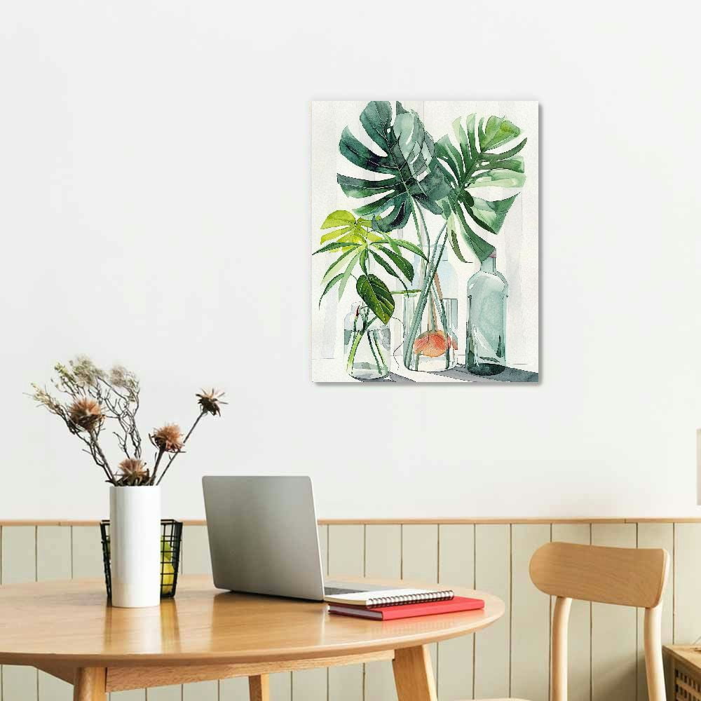 JEUXUS Botanical Bathroom Wall Art Green Leaf Tropical Plant Bathroom Wall Decor Rustic Natural Botanical Pictures Canvas Print Painting Framed Modern Home Artwork For Office Bedroom Kitchen