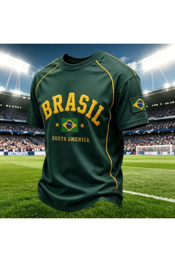 Men's Big & Tall Brazil Letter Print Top Oversized Soccer Fan Crew Neck Short Sleeve Graphic Sporty Gym Fitness Training Outdoor Football Jersey Shirt