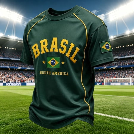 Trendfront Men's Big & Tall Brazil Letter Print Top Oversized Soccer Fan Crew Neck Short Sleeve Graphic Sporty Gym Fitness Training Outdoor Football Jersey Shirt