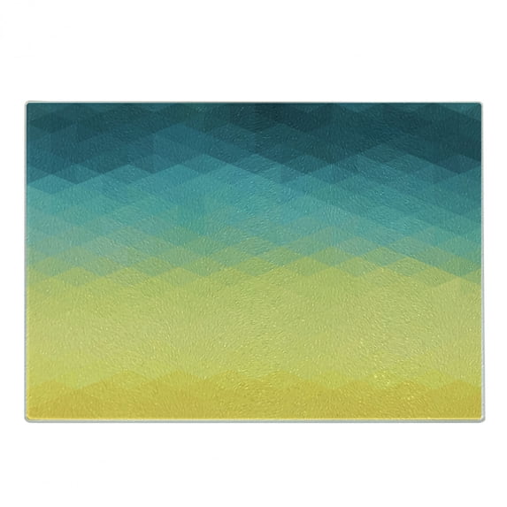 Aqua Ombre Cutting Board, Yellow and Aqua Color Palette Color Changes Mosaic Like Polygonal Design, Decorative Tempered Glass Cutting and Serving Board, in 3 Sizes, by Ambesonne