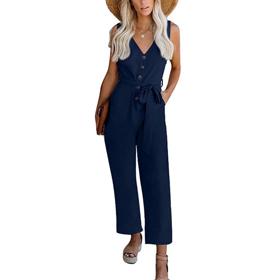 Lilgiuy Women Summer Sleeveless High Waisted Solid Color Straight Pants Romper Pants Jumpsuits Belt Navy 6(M) Winter Fashion 2022