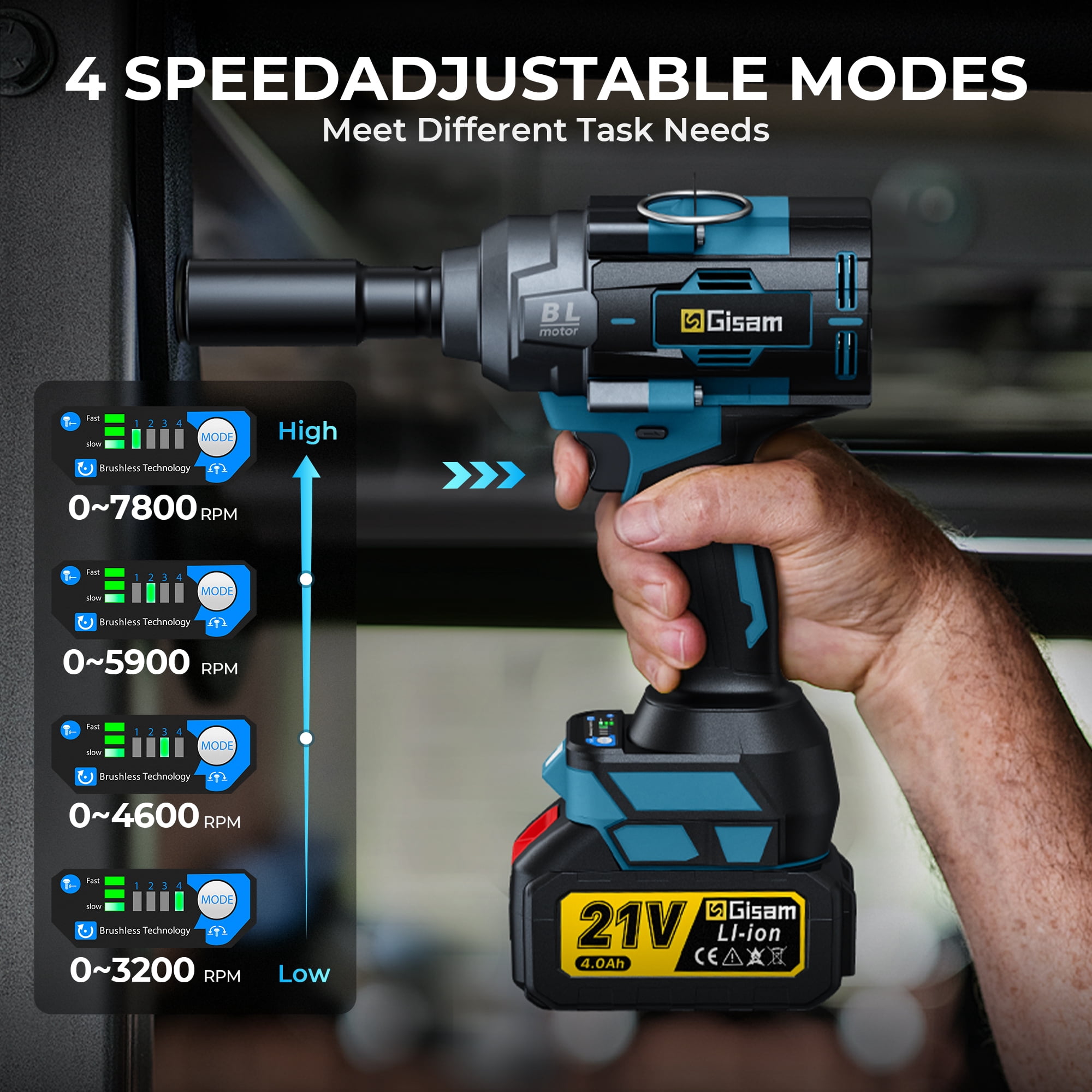 Gisam Cordless Impact Wrench,21V Brushless Impact Wrench 1/2 Inch,2 × 4.0Ah Impact Drill Tool Set Power Impact Driver With 4-Mode Speed, LED Work Light