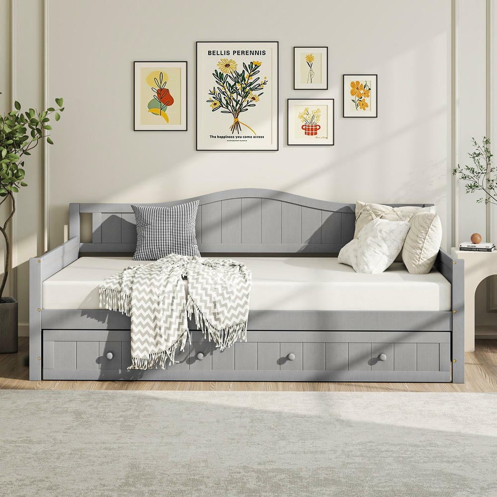 Barara King Twin Size Bedroom Trundle Bed Frame with Trundle and Slats Support on Wheels, Bed Platform Frame for Bedroom, Apartment, Gray