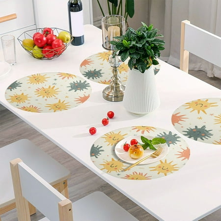 

Round Grid Placemat One Sizex6 Round Placemat PVC Plate Mat，15.4 Inch Non-Slip and Heat Resistant Table Placemat Dining Room Placemat Cartoon Smiling Sun