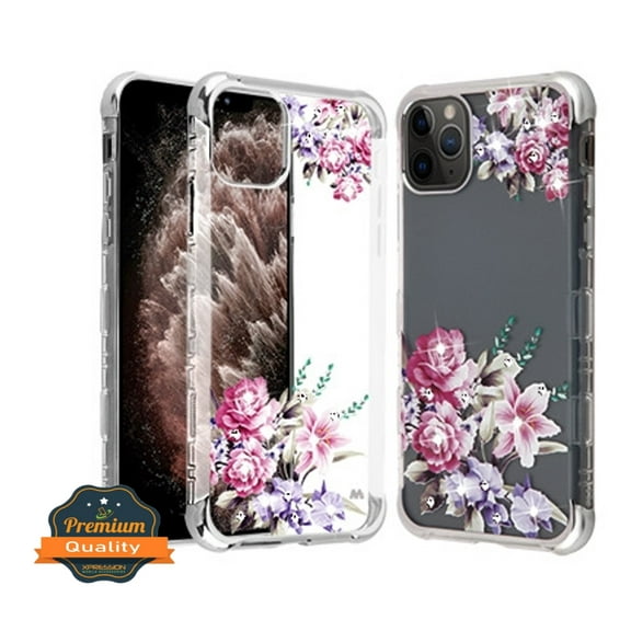 Apple iPhone 11 PRO Phone Case Shockproof Series Hard PC   TPU Bumper Protective Case Hybrid Armor Rubber Heavy Duty Plating [Roses Love Flower Silver] Diamonds Bling Cover for Apple iPhone 11 Pro