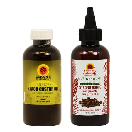 Tropic Isle Jamaican Black Castor Oil 4oz + Strong Roots Red Pimento Hair Growth Oil 4 (Best Hair Growth Inhibitor Lotion)