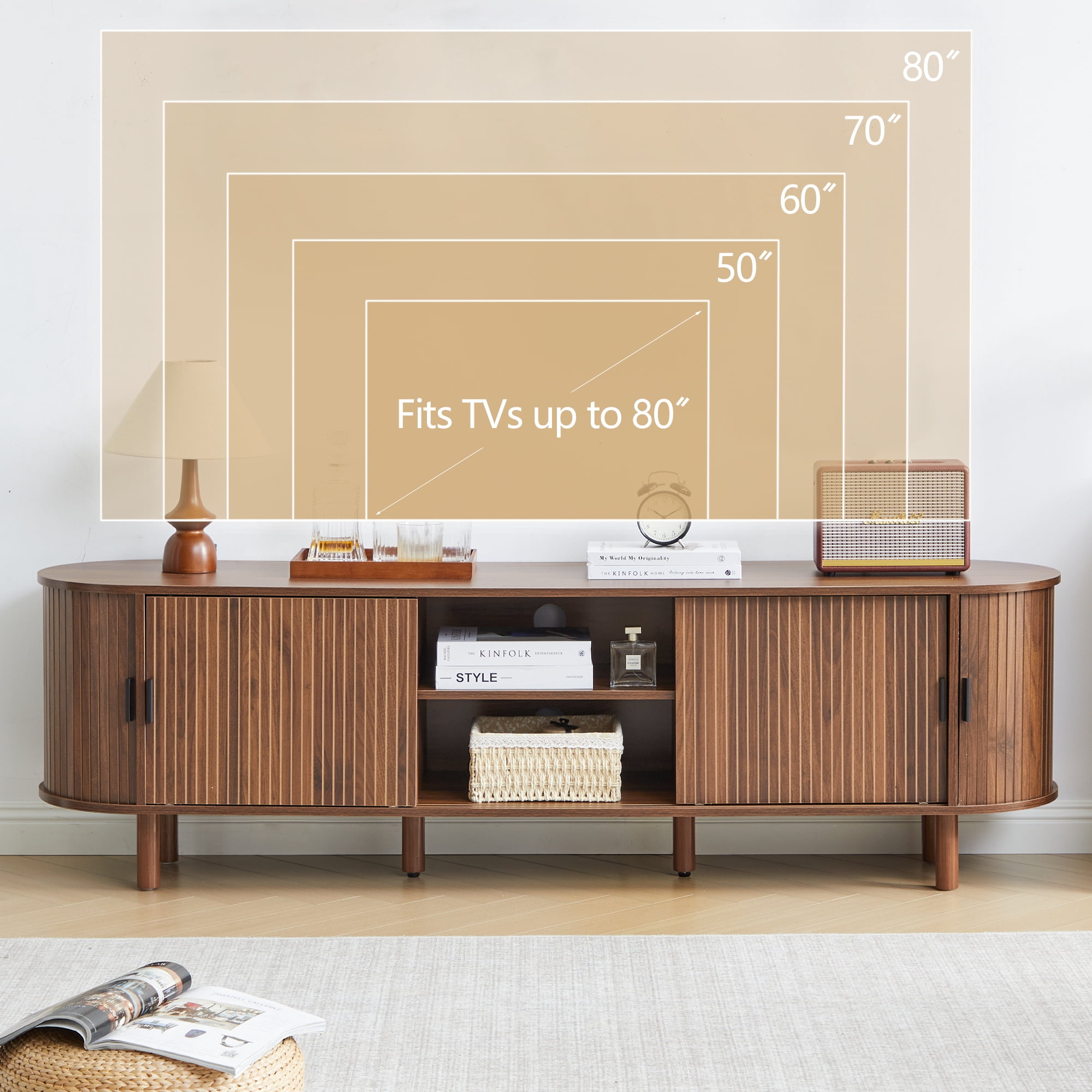 LEFHDA 70.8" Mid Century Modern TV Stand, Wood Tambour Door Entertainment Center with Storage for TVs Up to 75", Curved Edge Cabinet for Living Room Bedroom（Walnut）