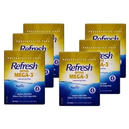 Refresh Optive Mega-3 Lubricant Eye Drops, Preservative-Free, 0.01 fl oz, 30 Vials, - 6 Pack