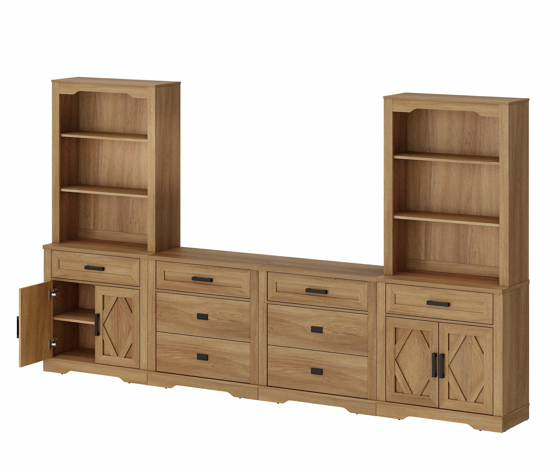WAMPAT Farmhouse Entertainment Center with Bookshelf for TVs up to 75",Mid Century Modern TV Stand with 73"H Tall 5-Tier Bookcase with Open Storage and Barn Doors for Living Room,Bedroom,Walnut