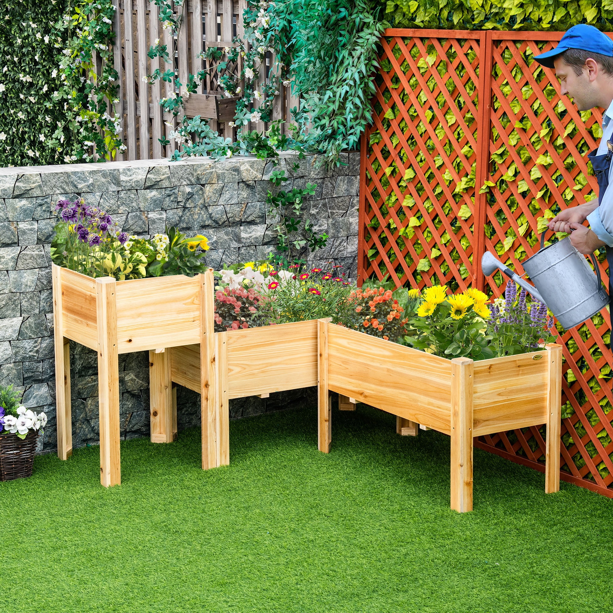Garden Pots Outsunny Raised Garden Bed Set of 3, Wooden Elevated Planter Box with Legs and Bed Liner, for Backyard and Patio to Grow Vegetables, Herbs, and Flowers, Natural,Outdoor Garden Planters