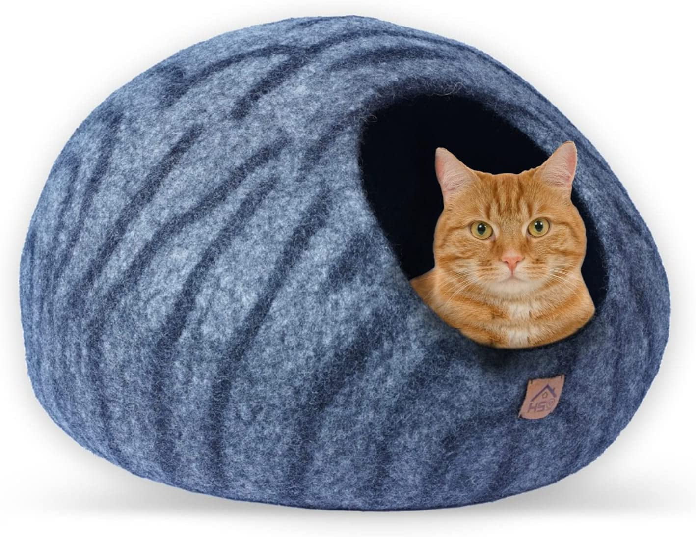 HAUSSIMPLE Wool Cat Cave Felt Bed for Kittens Cat Natural 100% Merino Wool Pet House - Gray Tiger