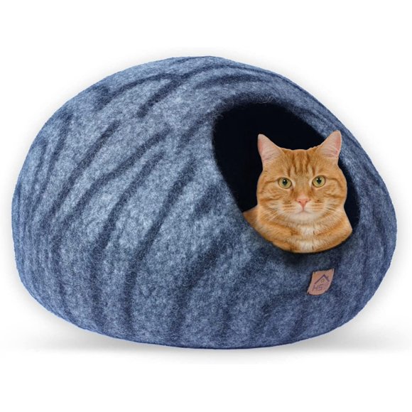 HAUSSIMPLE Wool Cat Cave Premium Felt Bed for Kittens Pet House Natural 100% Merino Wool -Gray Tiger