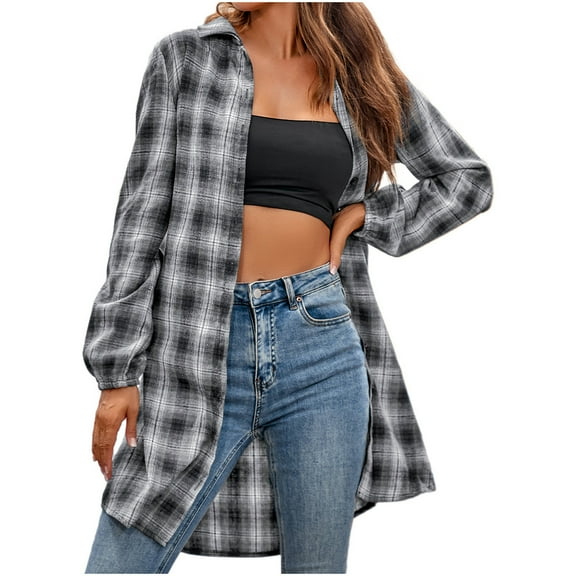 Cyber&Monday Deals 2023 Winter Womens Shirts Jackets Shirt Coats for Women Fall Winter Long Sleeve Lightweight Mid Length Coats Button Down Lapel Classic Plaid Print Jacket with Pocket Up to 65% off