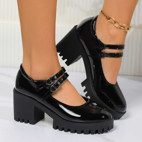 Wowcloth Wide Width Loafers for Women – Double Strap Chunky Heel Slip-On with Retro Shallow Cut Design & Thick Casual Footwear