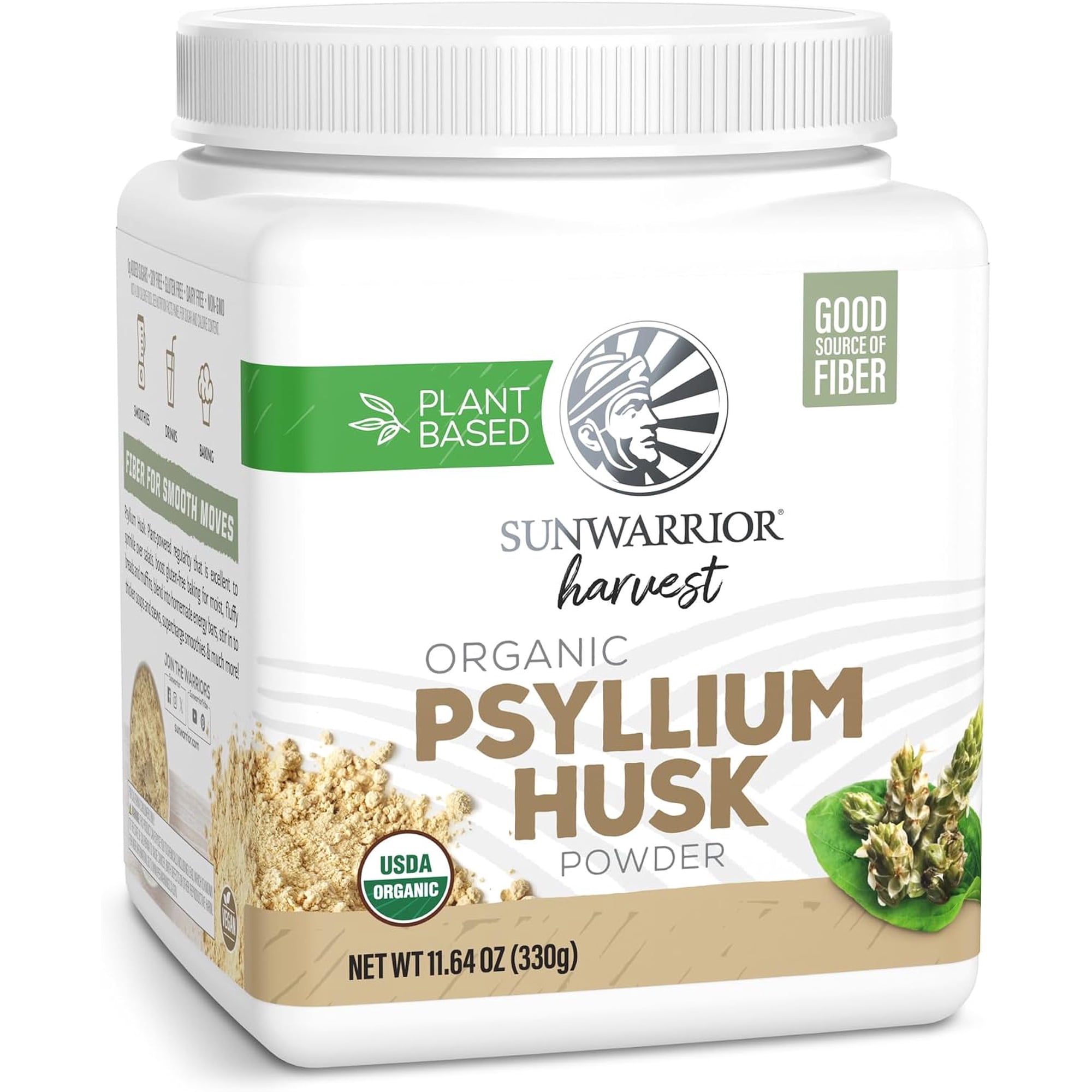 Sunwarrior Harvest Organic Psyllium Husk Powder, Fiber Supplement for Gut Health, 11.64 oz