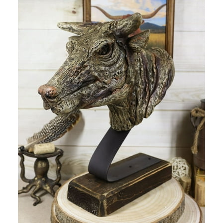 Rustic Wildlife Faux Driftwood Finish Bull Steer Cow Skull Bust Figurine On Base