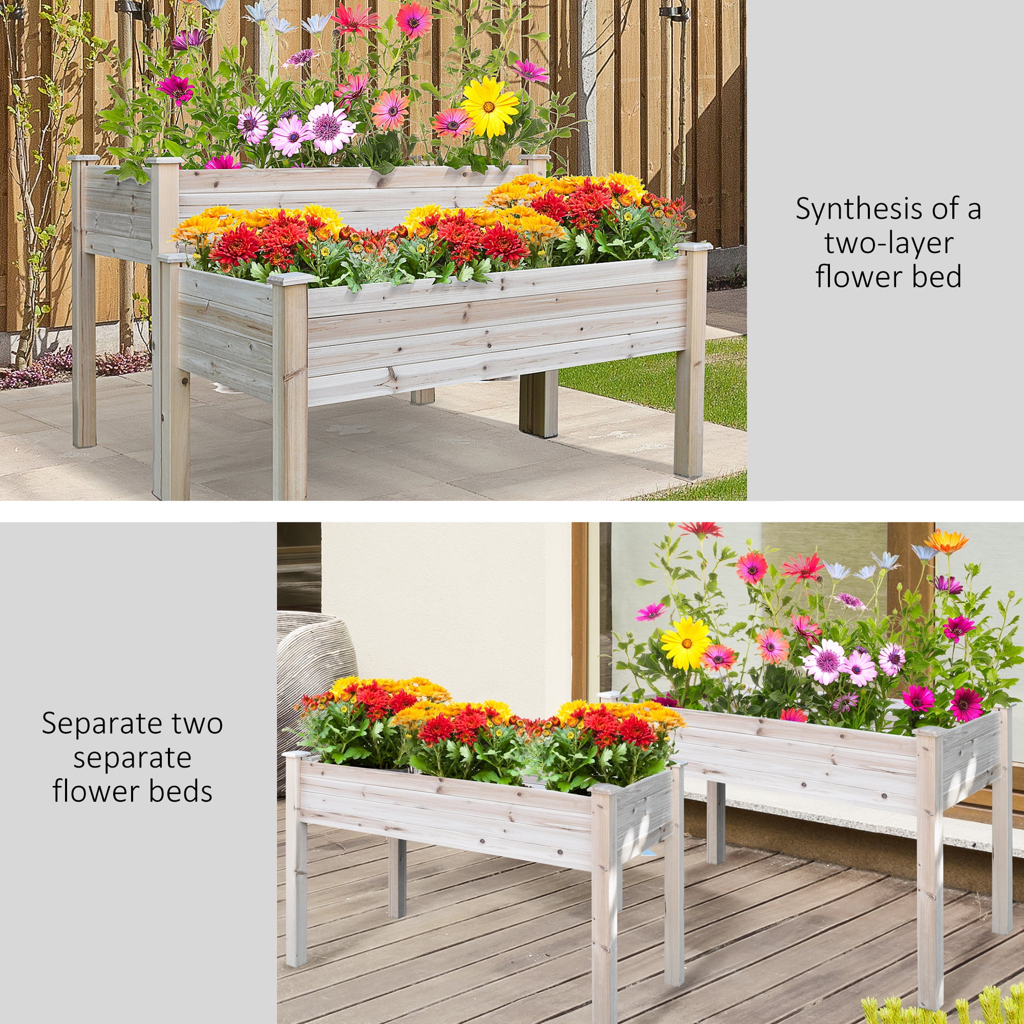 Outsunny 2 Tier Raised Garden Bed, Elevated Wooden Planter Box, Natural