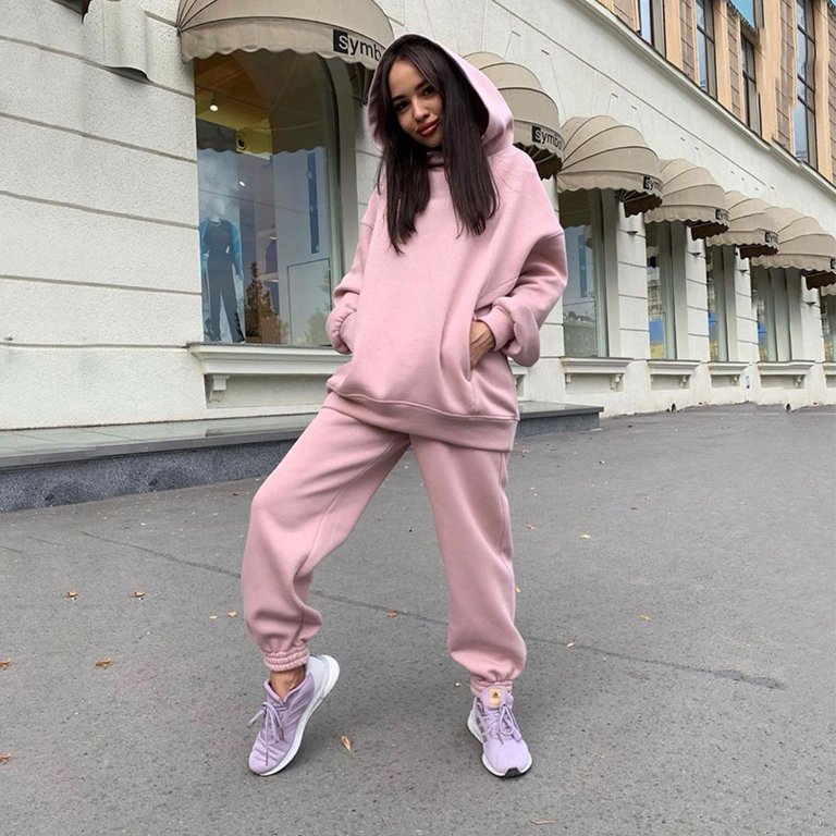 BUYISI Ladies Long Sleeve Plain Two Piece Hoodie Tracksuit Over