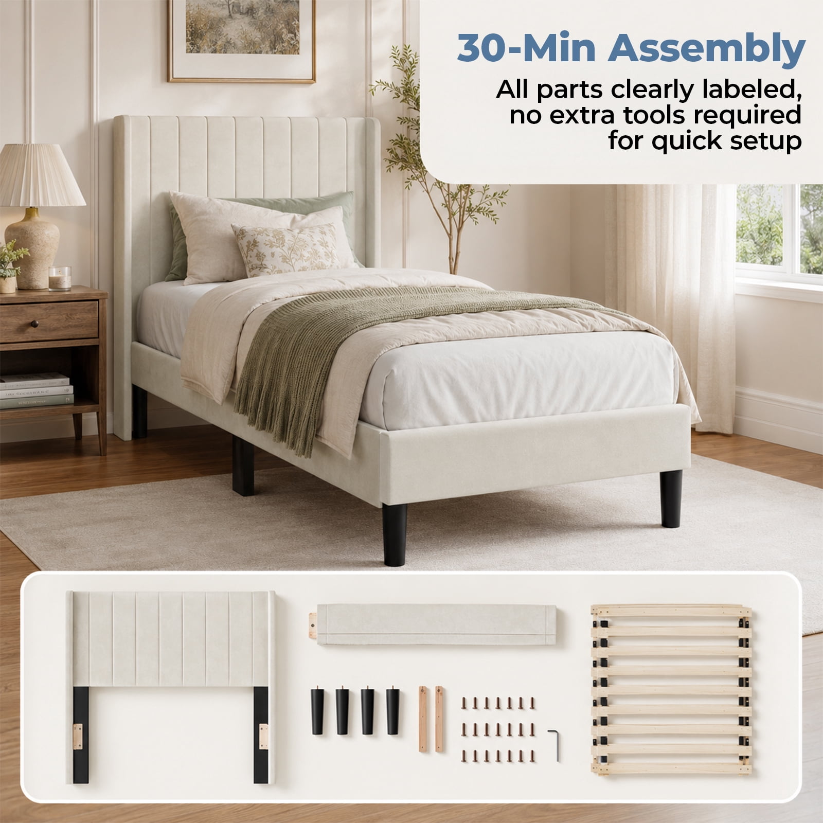 Alvantor Upholstered Bed Frame, Fabric-covered Wing-shaped Headboard and Wooden Crossbars, Bed Frame with Storage Space, Easy Assembly, Noise Free, No Box Spring Needed