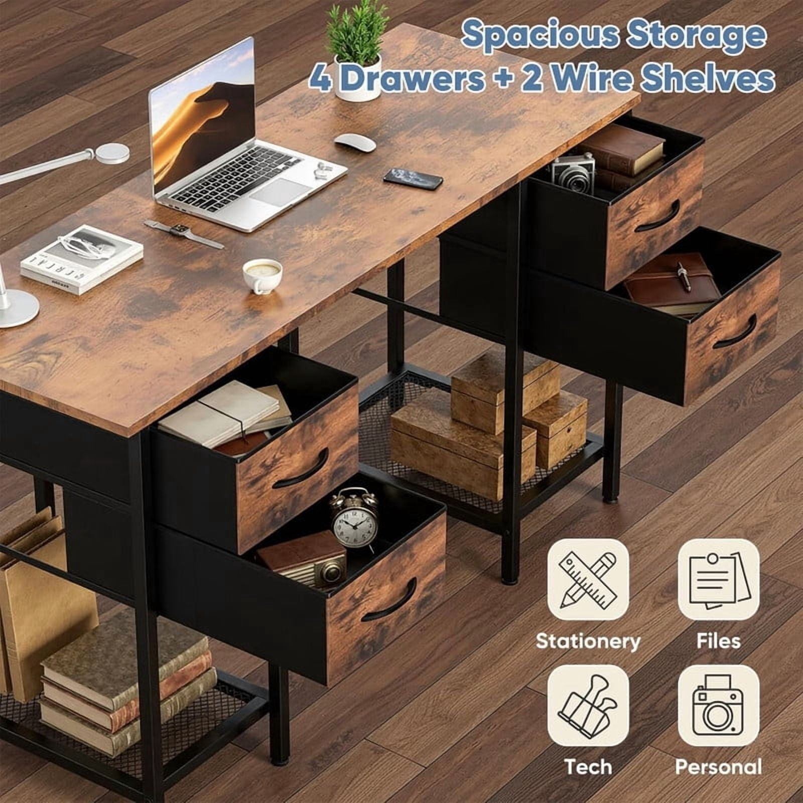 Kelno 55 Inch Computer Desk with 4 Fabric Drawer Storage Shelf Gaming Writing Table, Rustic Brown
