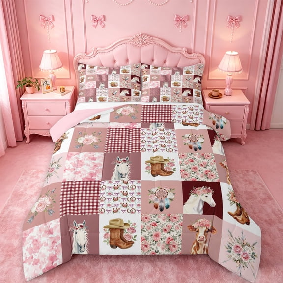 meiyoeat Farm Animal Horse Cow Full Size Comforter Sets,Romantic Pink Flowers Bedding Comforter Set For Girl,Reversible,3-Piece,1 Comforter and 2 Pillowcases