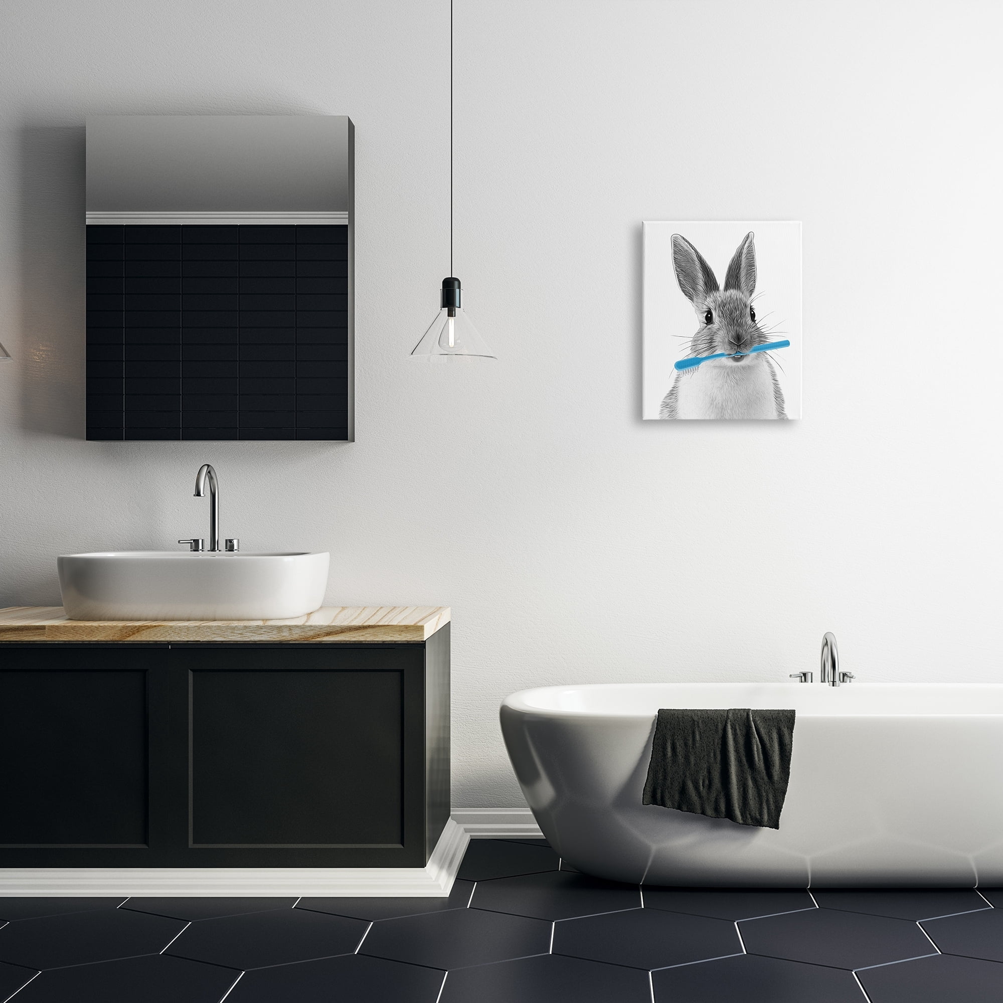 Stupell Industries Bunny Toothbrush Bathroom Animal Animals & Insects Painting Gallery Wrapped Canvas Print Wall Art