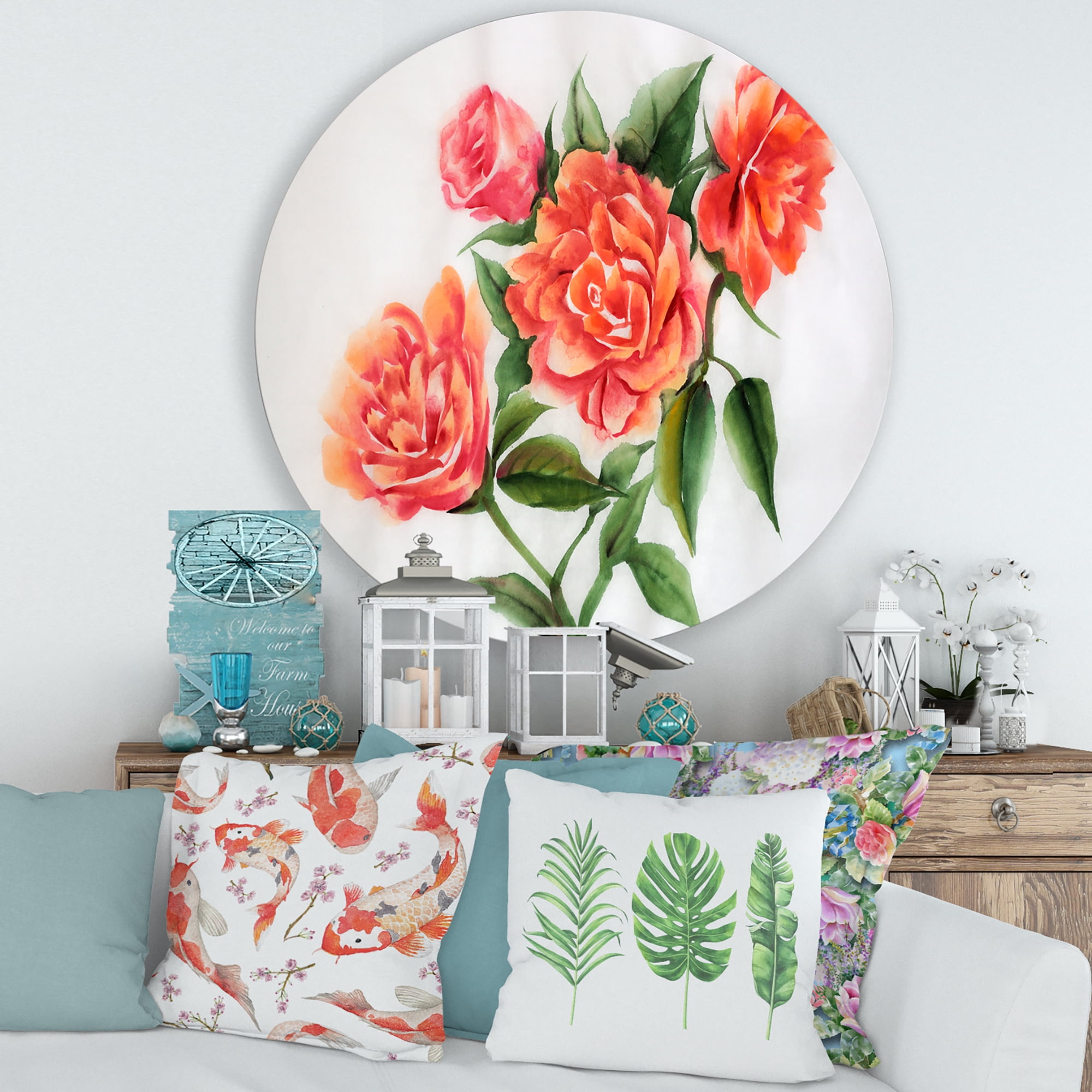 Designart 'Orange VIntage Roses With Green Leaves' Traditional Circle Metal Wall Art 29x29 - Disc of 29