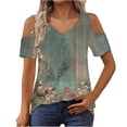 thumbnail image 2 of Cold Shoulder Tunic Tops for Women Graphic Prints V Neck Short Sleeve T-Shirts Loose Fit Summer Casual Blouses (S, Green|Flower), 2 of 7