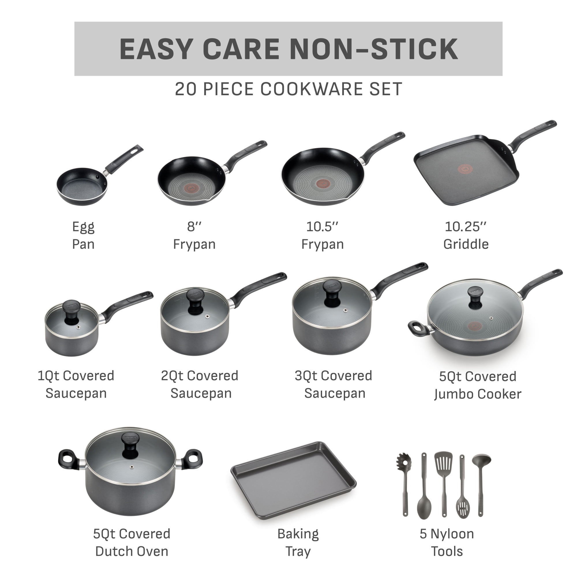 T-fal Easy Care Nonstick Cookware, 20 piece Set, Grey, B087SKDW