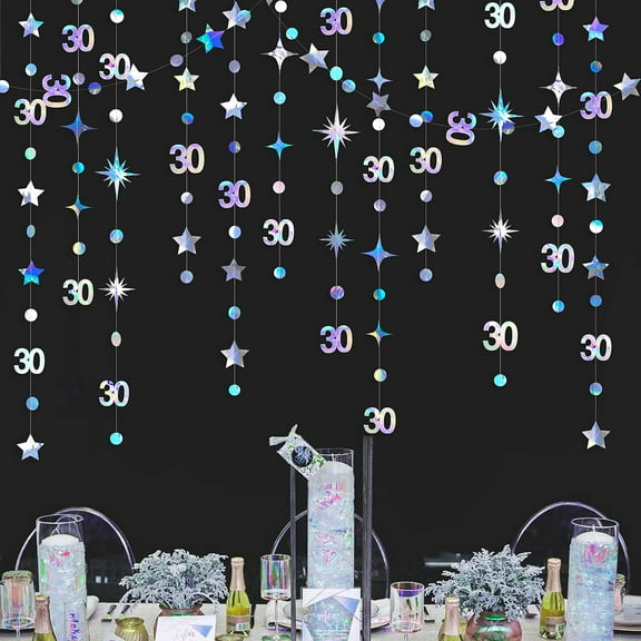 Cheerland Iridescent 30th Birthday Decorations Number 30 Circle Dot Twinkle Star Garland Metallic Hanging Streamer Bunting Banner