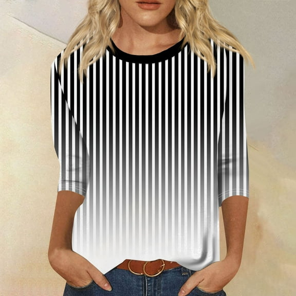 Womens Shirts Blouse Women's Fashionable Casual Three Quarter Sleeve Printed Round Neck Top